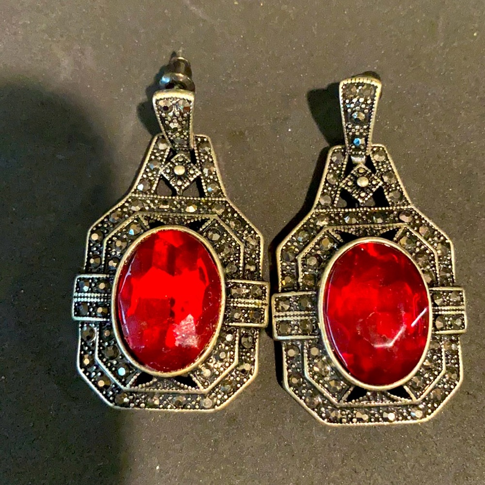 Red Holiday statement earrings .